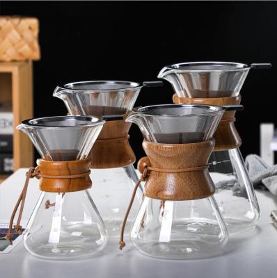 China Viable Pour Over Coffee Maker with Stainless Steel Filter Borosilicate Glass Household V60 Coffee Spout Brewer and Glass Coffee Pot for sale