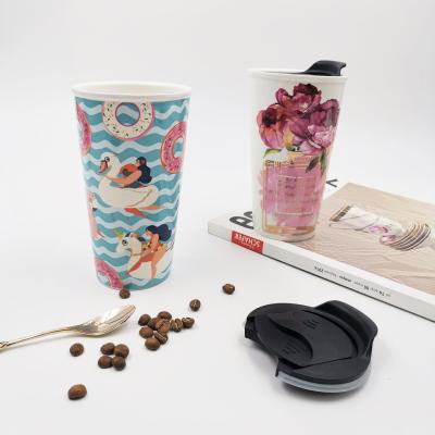 China 13oz Ins Style Sustainable Wall Ceramic Travel Mug Double With PP Lid for sale