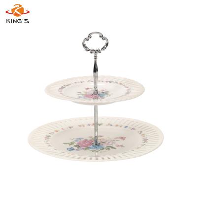 China Sustainable 2 Tier Pink Decorative Ceramic Cake Plates Cake Display Stand for sale