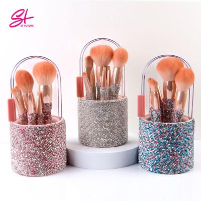 China Bling Texture Rose Gold Diamond Fashionable Crystal Soft Rhinestone Soft Handle Highlighter Professional Cruelty Makeup Set Brush With Case for sale