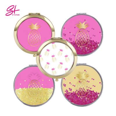 China Future St Travel Portable Personalized Handheld Pocket Mirror Round Makeup Light Mirror with Custom Logo and Glitter for sale