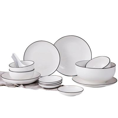 China White Black Line Nordic Viable 4 Person 8 Person Single Dish Ceramic Restaurant Dinnerware Set Porcelain Dinnerware Set for sale