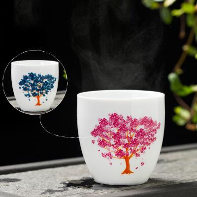 China Viable Japanese Magical Changing Ceramic KungFu Tea Cup Arab Coffee Mug Set Sakura Teacups Temperature Discoloration Color for sale