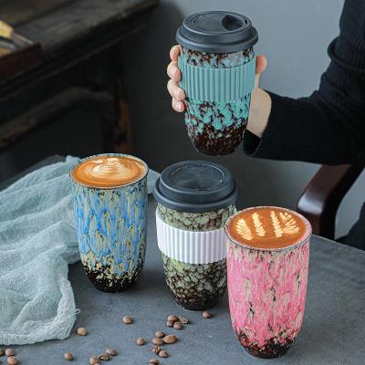 China New ArrivalsTake 2021 Viable Travel Party Ceramic Mug With Silicone Lid And Sleeve Portable Reusable Tea Cups Togo Coffee Mugs for sale