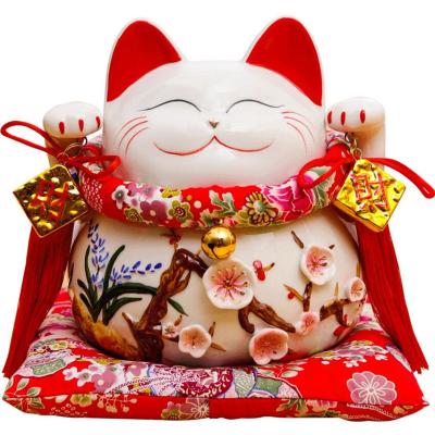 China Handpainted Lucky Cat Maneki Neko Coin Bank Ceramic Piggy Bank White With Bell Ornate Decorated Porcelain Money Saving Box for sale