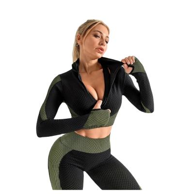 China 2021 Breathable New Seamless Zipper Crop Top Legging Gym Wear Plus Size Activewear Fitness Clothing Suits for sale