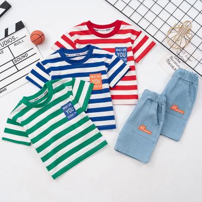 China Polyester / Cotton Baby Boy Summer Casual Clothes Striped Short Sleeve Top Shorts 2PCS Kids Clothing Set for sale