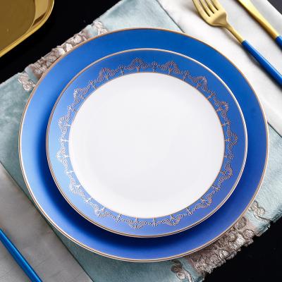 China Viable Ceramic Blue High Quality Dinner Dishes Dish And Cup Saucer Set for sale