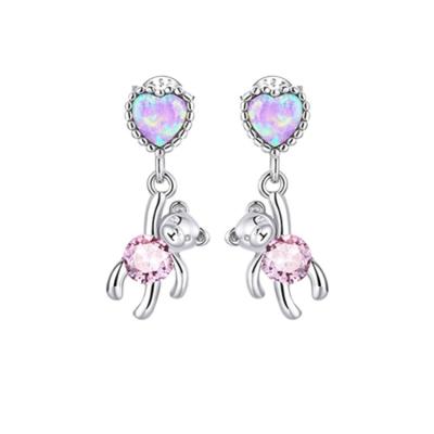 China Sterling Silver Cute Loving Bear Pierce S925 Pink Silver Zircon Heart Shaped Opal Animal Stud Earrings For Girl for sale