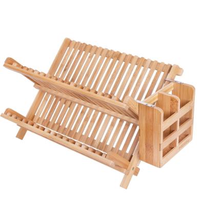 China Utensils Sustainable Folding 2 Tier Cutlery Dish Drying Rack, Kitchen Dish Bamboo Dish Drainer Racks for sale