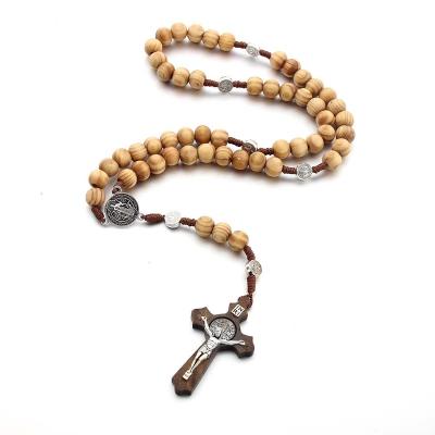 China Wholesale Handmade Hiphop Line Coding Catholic Rosary Cross Jewelry Necklace Christian Wooden Rosary Beads Retro for sale