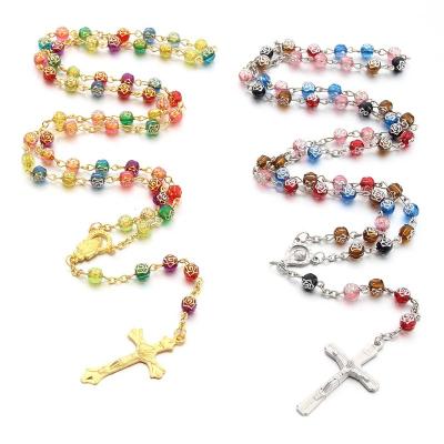 China Catholic Hot Stamping Silver Gold Rose Beads Small Cross Necklace Christian Catholic Rosary BeadJewelry for sale