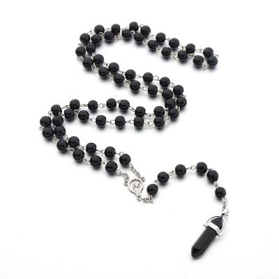 China Charm Black Glass Pendant Necklace Black Glass Pendant Rosary Column Necklace Pearl Column Necklace Hiphop Religious Jewelry for sale