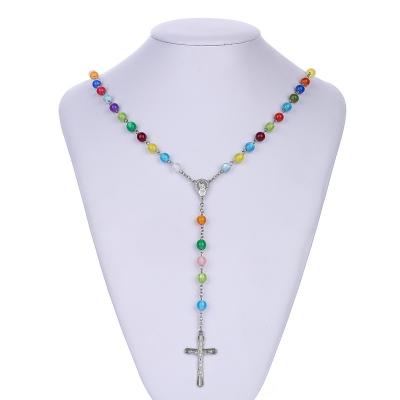 China Popular style jewelry catholic cross and rosarios catolicos necklaces women multicolored catholic beads Jesus Cross Pendant Rosary Necklace for sale