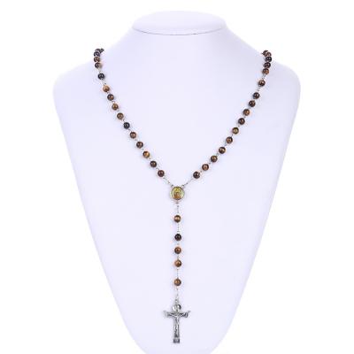 China Wholsale New Tiger Eye Beads Catholic Rosaries Catholic Necklace For Wedding Women Necklace Long Cross Pendant Chain Gift For Wife for sale