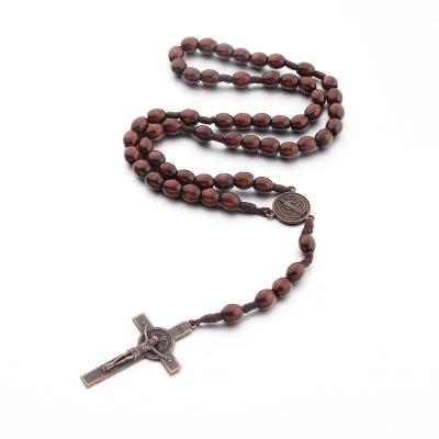 China Rosary Necklaces Jewelry 8*10cm Hiphop Handmade Natural Wood Cross Necklace Religious Catholic Jewelry Men Women Man Gift for sale