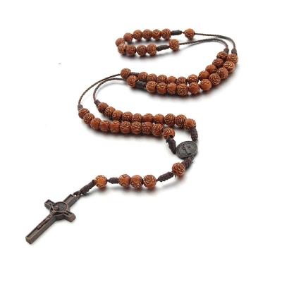 China Woven Hiphop Wooden Beads Rose Bead Necklace Christianity Religious Cross Prayer Beads Rosarios Catolicoslry for sale