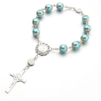 China Christian Rosary l Religious Bracelet Silver Rose Gold Rosary Bracelet Jesus Catholic 7 Color Bead Cross Charm Glass Religious Bracelet for sale