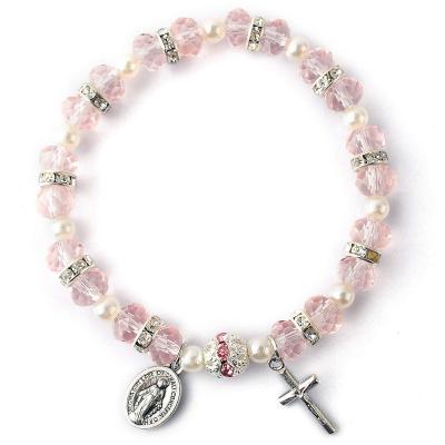 China Religious Women's Stretch Beaded Rosary Bracelet With Crucifix Rosary Bead Bracelet Religious Rose Bracelet for sale