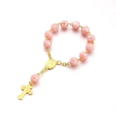 China Mini Hot Religious Selling Pale Pink Colors Rose Catholic Bead Rose Bead Rosary Charm Flower Bead Bracelet Gift Finger Chain BS Bracelet for sale