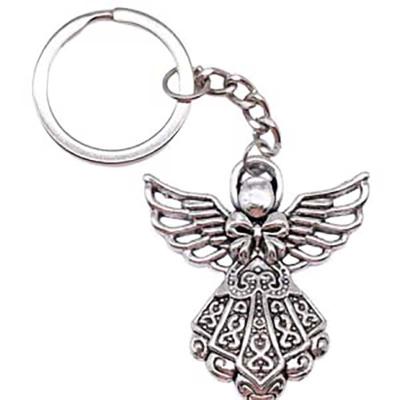 China Silver Wooden Ring Angel Keychain Baptism Favor Angel Key Pendant Tone Guardian Angel Charm Keychain for sale