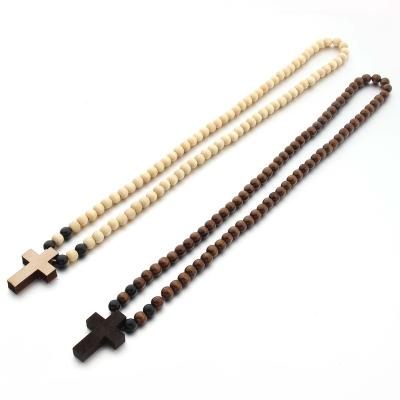 China Hiphop Necklace Wood Beads Wooden Necklace Prayer Pendant With Cross Accessories Jewelry Decoration For Men for sale