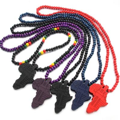 China Hiphop 8mm Wood Beads Men's Hiphop Jewelry African Necklace Card Chain Map Hip Hop Jewelry Wood Beads Rosary Necklace for sale