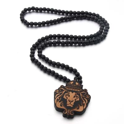 China Hiphop Hiphop Rock Lion King Pendant Necklace Men's Black Beaded Sweater Chains Jewelry Hip Hop Wooden Clothing Accessories for sale