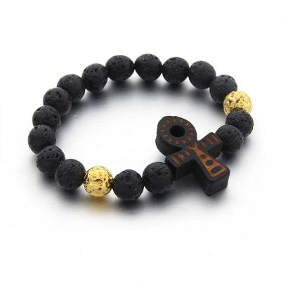 China Other Hot Selling 10mm Natural Stretch Lava Bead Bracelet Men Natural Volcanic Rock Cross Wood Bracelet for sale