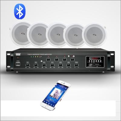 China Perfect Blue Sound Music Equipment 100V Tooth 4 Zone PA Amplifiers+5PCS Ceiling Mount Speaker QQCHINAPA For Shop, Office for sale