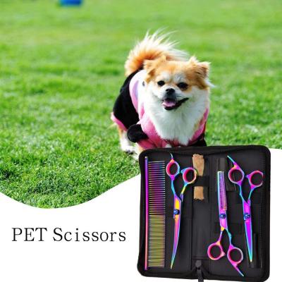 China Thinning Scissors Cat and Dog Grooming Scissors Professional 4 Piece Set Pet Hair Scissors with Thin Curved Combs Straight Cut Scissors for sale