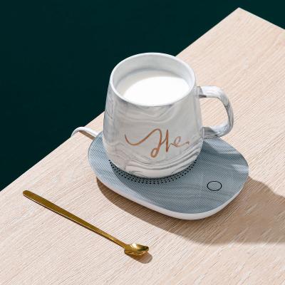 China Sustainable Custom Logo 55 Degree Constant Temperature Heated Marble Pattern Ceramic Mug Coffee Mug Warmer Ceramic Cup Mugs With Heater for sale