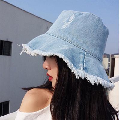 China 2021 Breathable Distressed Wide Brim Worn Out Jean Denim Women Fisherman Cowboy Fringed Bucket Hats for sale