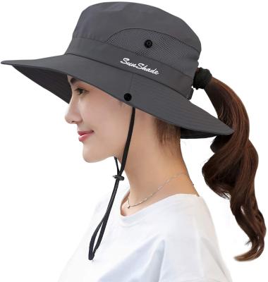 China Women's Breathable Summer Mesh Wide Brim Sun UV Protection Hat With Ponytail Hole Fisherman Cowboy Bucket Hats for sale