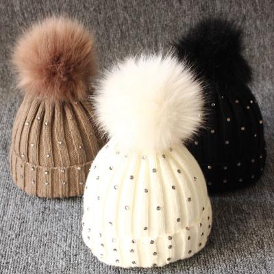 China COMMON New Arrive Baby Glitter Pompom Ball Beanie Hat Winter Warm Kids Rhinestone Hats Knitted Glitter Pom Pom Toddler Beanies for sale