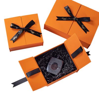 China Recyclable High End Luxury Orange Folio Birthday Clamshell Perfume Lipstick Exquisite Gift Announcement Box for sale