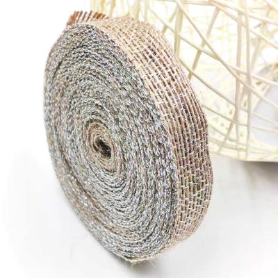 China DIY Decoration Jute Fabric Ribbon with Silver Fishing Line 85% Jute 15% Polyester for sale