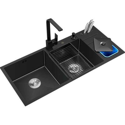 China Modern Handmade Double Bowl Kitchen Sink Pakistan Stainless Steel Kitchens Go Down Sus304 Black Nano Sink Fregaderd for sale