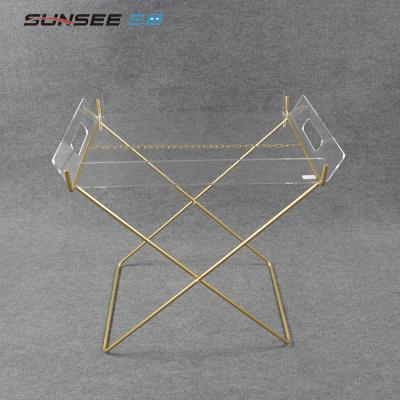 China High Glossy Acrylic+metal Stand Lucite Storage Tray Folding Metal Legs Clear Acrylic Serving Table for sale