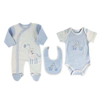 China Hot Selling High Quality Anti-Shrink Baby Clothes 3 PCS Set Newborn Baby Gift Sets With Romper, Bodysuit, And Bib for sale