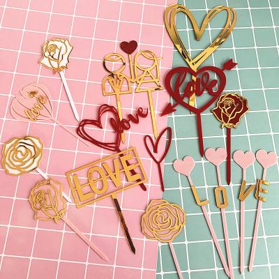 China Acrylic Happy Cake Topper For Wedding Valentine Anniversary Cupcake Topper Rose Red Gold Acrylic Love Valentine's Day Cake Decorations for sale