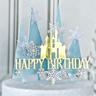 China Cake Topper Happy Birthday Snowflake Castle Cake Plug-in Double Cake Acrylic Baking Decorative Insert for sale