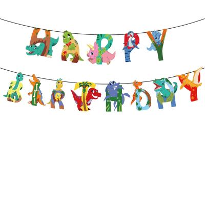 China New Cartoon Dinosaur Theme Birthday Party Decoration Supplies Flag Cake Balloon String Hanging Topper Set Home Paper Banner for sale