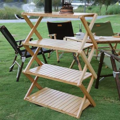 China 2023 Hot-selling Outdoor Camping Folding Rack Sustainable Standing Shelf Multilayer Bamboo Easy Carry Shelf for sale