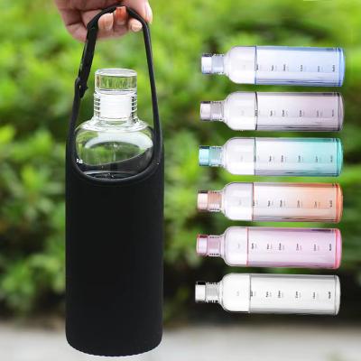 China 750mL 500ml Time Scale Viable Motivational Glass Water Bottle With Storage Bags for sale