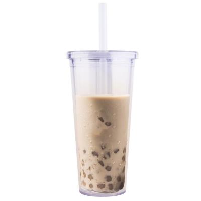 China Double Wall Reusable Plastic Milk Tea Cup Straw Tumbler 16oz Viable With Thick Straw For Pearl Milk Tea for sale