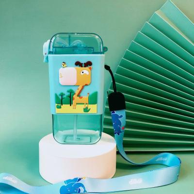 China Sustainable New Square Plastic Water Bottle 300ml Kids Cup With Straw And Colorful Strap for sale