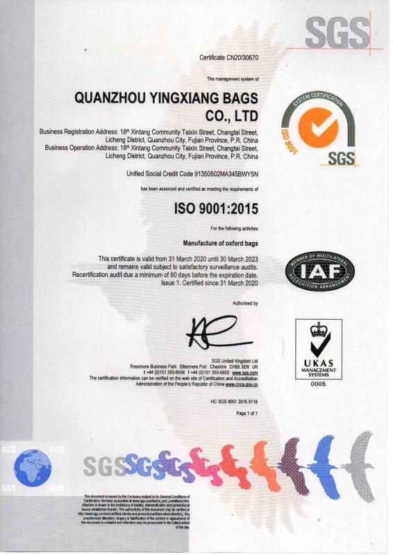 ISO9001 - Quanzhou Yingxiang Bags Co., Ltd.