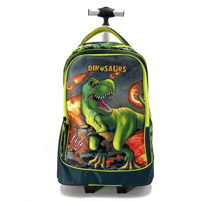 China Polyester Dinosaur School Bags Kids Traveling Trolley Bags Backpacks Large With Big Wheels for sale