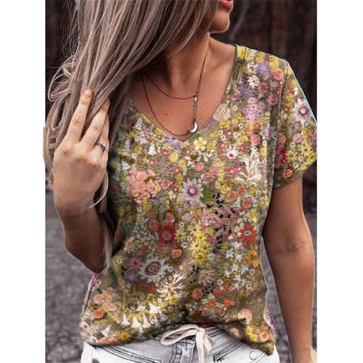 China 2021 Summer Other V-Neckline Printed Short Sleeve Casual Blouse for sale